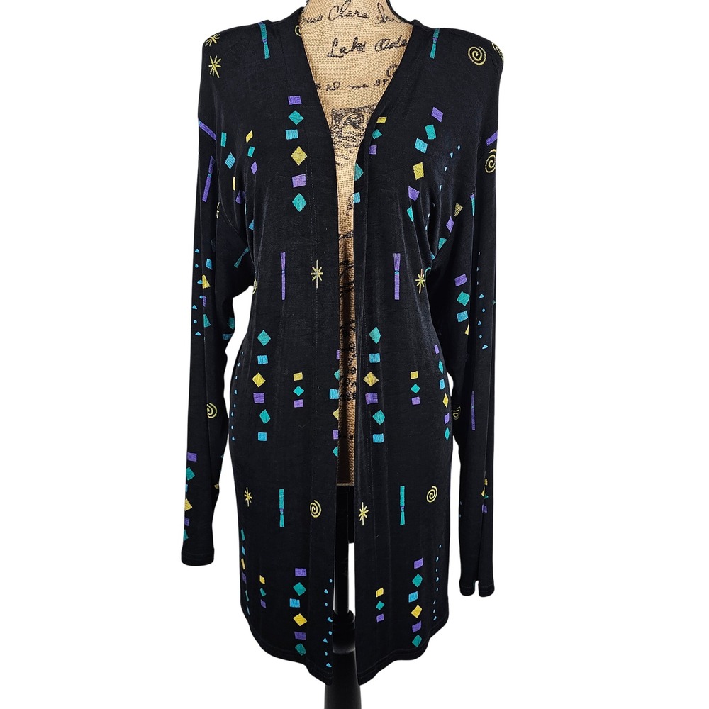 Jensen Travelwear by Jacqueline Black Abstract Open Front Cardigan Plus 2X 3X